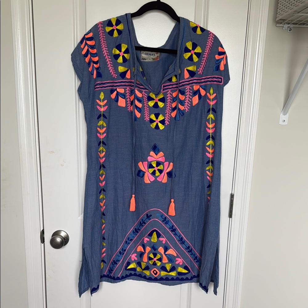 Embroidered Blue Dress with Multicolor Accents